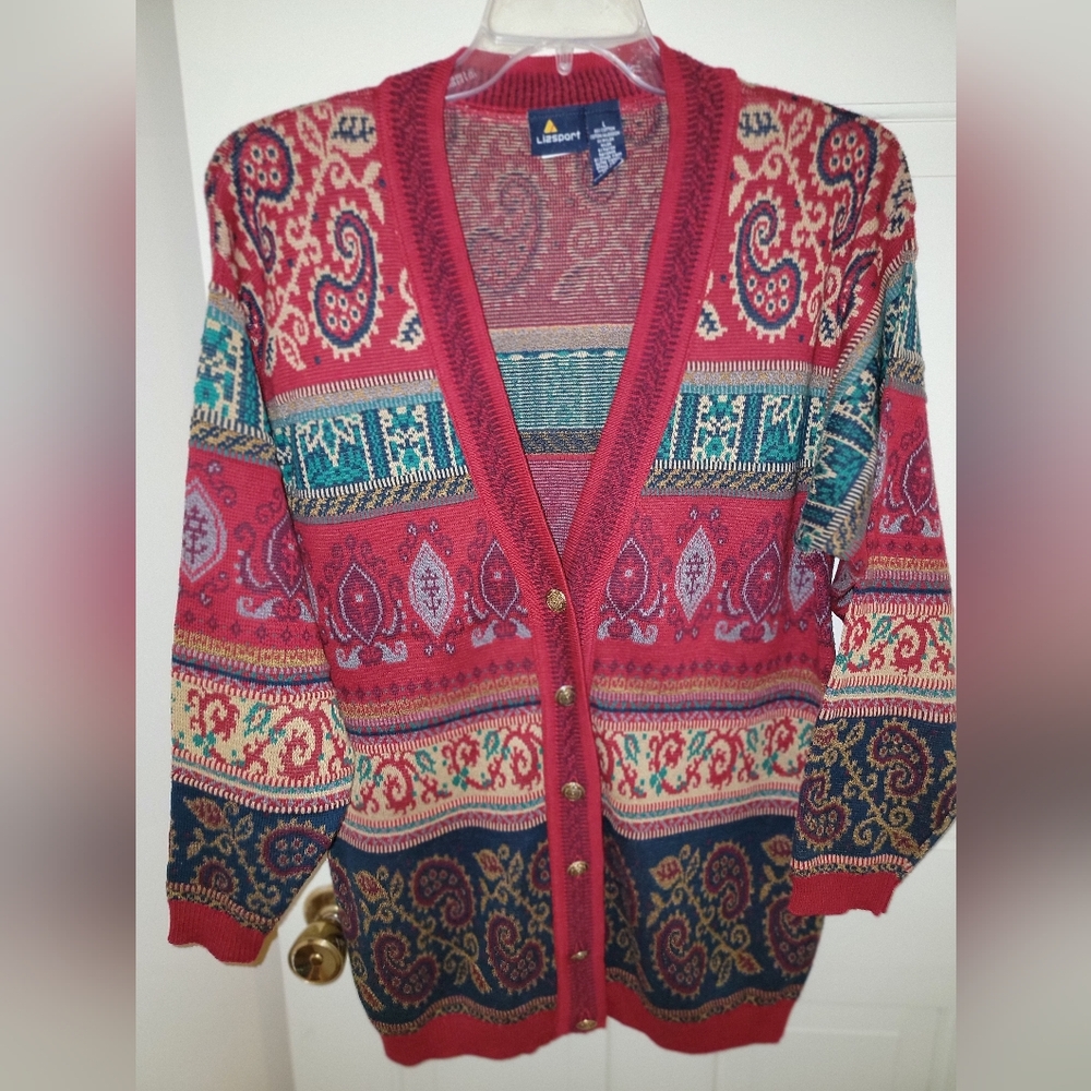 Liz Sport Women's Multicolor Paisley Knit Cardigan Size Large EUC - Picture 2 of 6